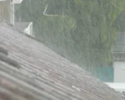 Heavy rain falling on a dark residential roof during a storm, with blurred trees in the background.